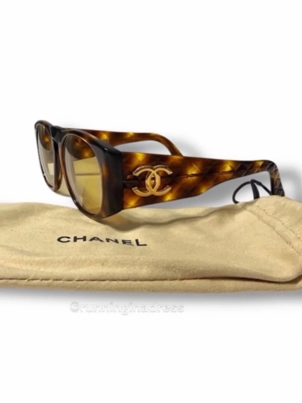 Vintage Chanel 01450 Quilted Sunglasses Tortoise Amber Lens SS 1991 Runway
